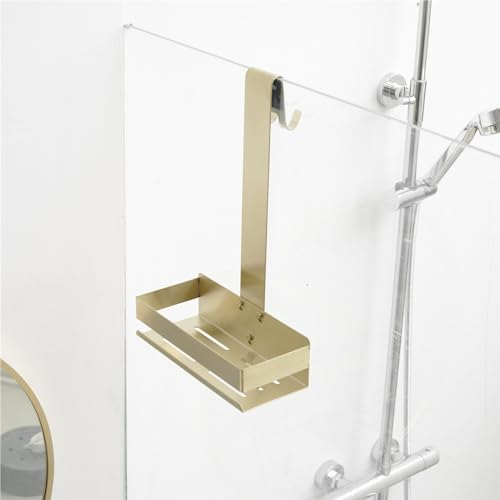 Kelelife Étagère de douche à suspendre, dorée, sans perçage, en acier inoxydable, avec crochets pour porte en verre sans cadre, support de shampoing pour douche