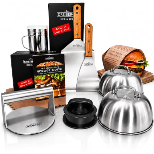 TREBERG Burger-set av bokträ och rostfritt stål för plancha, gasgrill, teppanyaki inkl. grillspatelset, hamburgarpapper, smältklockor, grillpress, kryddströare och receptbok (9 delar)