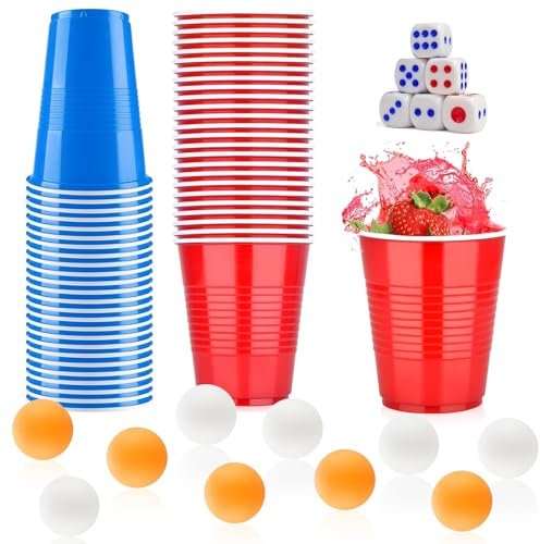 Maridergo 60 Pack 16 Oz Plastic Party Cups Set with 20 Red Cup, 20 Blue Cup, 10 Ping Pong Balls, 10 Dice, American Style Frat Party Cups Beer Pong Cups Set for Fun Party Games, Drinks 480ML