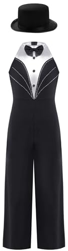 Hedmy Traje de Baile Latino Jazz para Niñas Mono de Pierna Ancha Pantalón de Baile de Patchwork Metálico con Sombrero Ropa de Baile Claqué 5-16 Años Negro 11-12 años