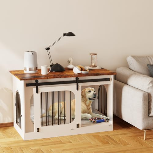 YDTOP XXL Dog Crate Furniture, 120cm Wooden Dog Cage with Removable Cushion, Three Door Dog Crate with Barn Door, Indoor Dog Kennel, End Table, for Large Extra Large Dogs (Rustic Brown + White)
