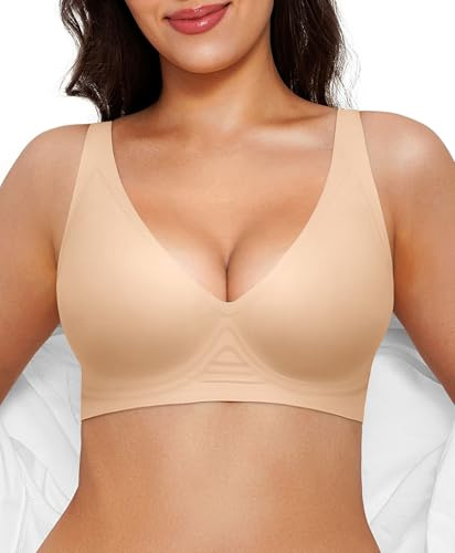 Popilush Wireless Bras for Women No Underwire Seamless Bra Beige Large