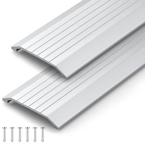 Otoolling 2 Pcs 3 W x 3/8 H x 36 L Aluminum Threshold for Exterior Door Doorways Metal Door Threshold Floor Transition Strip Flat Profile, Commercial Entryway Wheelchair Draft Protection, Silver