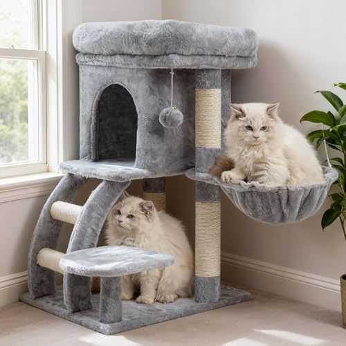 Heybly Árbol Rascador para Gatos, 75 cm De Alto Torre para Gatos con Plataforma Superior, Madriguera, Hamaca, Escalera para Trepar, Juguetes para Gato, Gris Claro HCT009SW