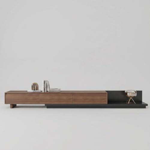 Extendable TV Stand 200-350cm for 65-100 TVs, Walnut, 3 Drawers | Telescopic 200-350cm frame fits 65-100 inch TVs. 3 drawers, left/right configurable, 52kg build, mid-century design.