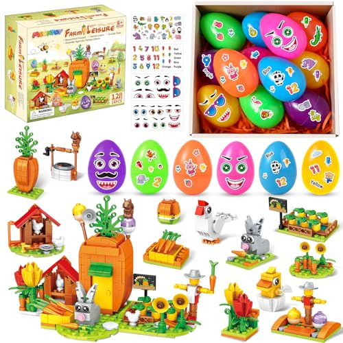 MOONTOY Cadeau Anniversaire Enfants Invités, 12 Œufs avec 12 Blocs & 4 Autocollants, DIY Mini Jouet de Construction, Calendrier de l'avent pour Garçons et Filles 6+, Ferme de Carottes avec Lapin
