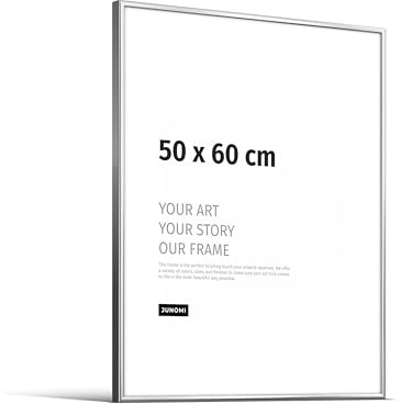 JUNOMI® Marco de fotos 50 x 60 cm – aluminio plata brillante, perfil extrafino, cristal acrílico irrompible, colgador horizontal y vertical