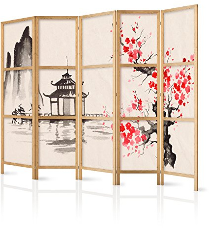 decomonkey Paravent Raumteiler Innen Landschaft Gebirge Baum 225x171 cm 5 Teilig Room Divider Wall Raumteiler Stehend Trennwand Sichtschutz Spanische Wand Sichtschutzwand Wohnzimmer Holz Spa Zen