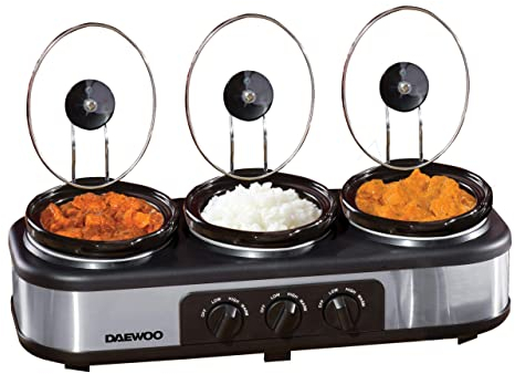 Daewoo Triple Slow Cooker 3 x 1.5L – Multi-Pot Electric Buffet Server with Individual Heat Settings (Low, High & Keep Warm), Ideal for Entertaining, Batch Cooking, and Family Meals, Black