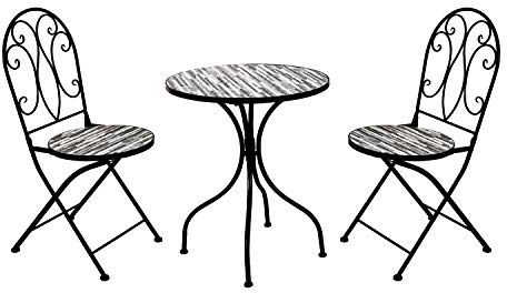 Dekoratives Mosaik Set 3-teilig Sitzgarnitur Mosaiktisch + 2 Mosaikstühle Sitzgruppe Gartentisch Gartenmöbel Bistrotisch Steinoptik