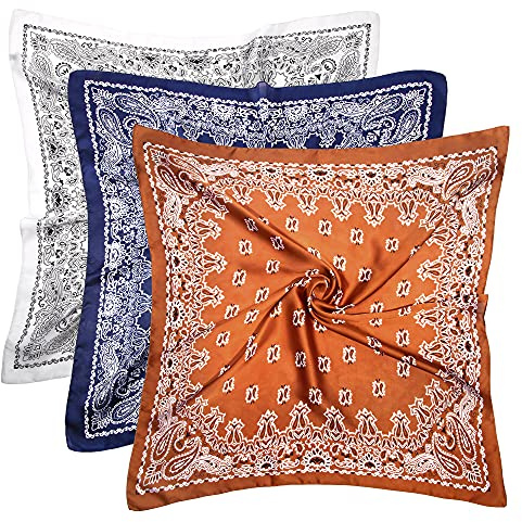 DOOBO 3 Pcs 27.5 Inch Satin Head Scarf - Silk Head Scarf, Bandana, Hair Wrap & Neck Scarf for Women & Girls (Caramel, Blue, White)