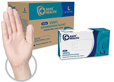 Safe Health Guantes Desechables de examen de Vinilo Transparente Talla L, 1000 unidades, Sin polvo Sin látex, Certificado CE, Limpieza Atención médica Alimentación, 3 Mil