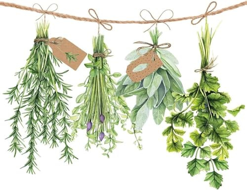 Lot de 60 serviettes de table - Motif herbes fraîches - Blanc et vert - Motif herbes méditerranéennes - Décoration de table pour printemps, été, Pâques