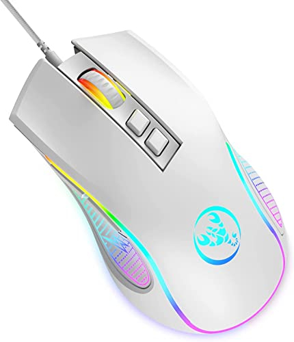 HXSJ X100 Gaming-Maus mit Kabel,Ergonomische PC-Gaming-Mäuse mit 7-Farbigen LED-Leuchten,7 Tasten,Optischem Gaming-Sensor,4 DPI-Level-Einstellungen,Bis zu 3600 DPI,Leicht,für PC,Mac,PS4–Weiß