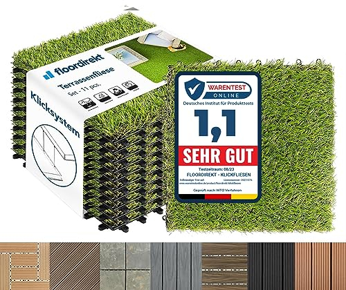 Floordirekt Rasen Klickfliesen 30x30 cm, 1m² = 11 Terrassenfliesen, Balkonfliesen - Bodenbelag für Balkon & Terrasse - wetterfest mit Drainagefunktion | Grass