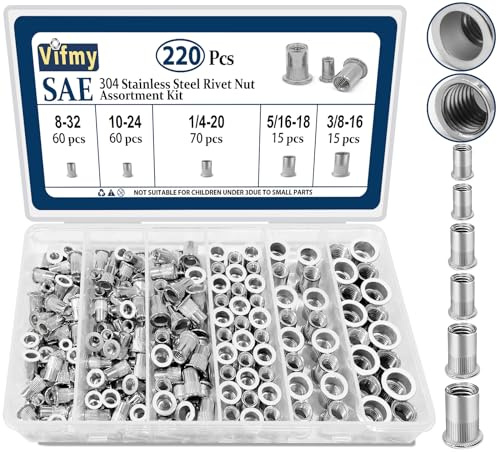 Vifmy SAE Rivet Nut Assortment Kit 220Pcs #8-3/8 Stainless Steel Rivnuts
