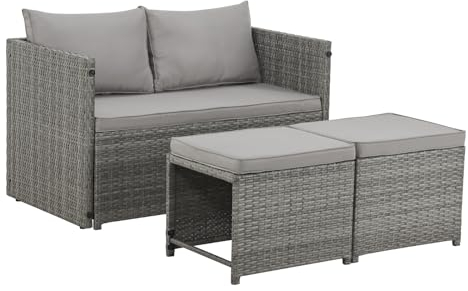SVITA ATHINA 2in1 Sitzgruppe Outdoor Rattanlounge Balkon Essgruppe Gartenmöbel Set Gartenlounge klein Balkonmöbel Polyrattan Grau