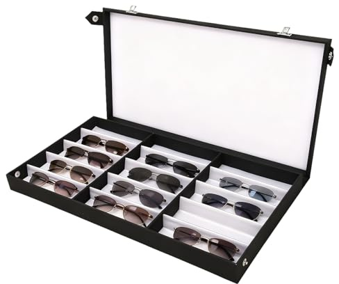 Tissting Multi Sunglasses Organizer Case with 15 Slots 48 x 30 x 4cm/18.9 x 11.8 x 1.57in Black for Eyewear and Jewelry - Versatile Storage Solution for Men Women Ideal for Travel and Home Use