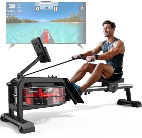 MettleMatic Rudergerät Wasser für zuhause: Bluetooth Rudergeräte mit Tablet-Halter - Rudermaschine 160KG Belastbar und Max Benutzergröße bis 210cm (Schwarz)