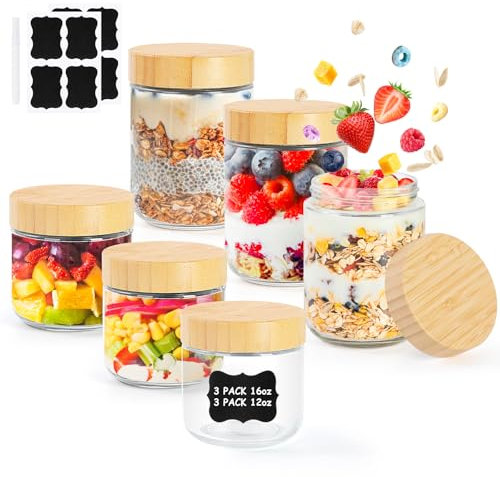 Vikcvcsc 6 Tarros de Cristal con Tapa 350ml+450ml, Bote Cristal Hermetico, Tarros de Avena Overnight Oats Jars, Mason Jars Frascos de Vidrio con Tapa para Avena, Ensaladas, yogur, Mermelada