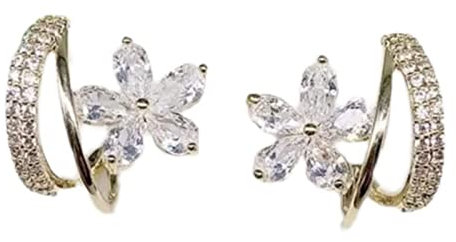 Kits Perceuse Bijoux d'oreilles à la incrustées de diamants Petit anneau en C Zircon Conception de fleurs à cinq pétales d'oreilles exquises Aiguilles en argent Trousse Nettoyeur Outils (A, One Size)