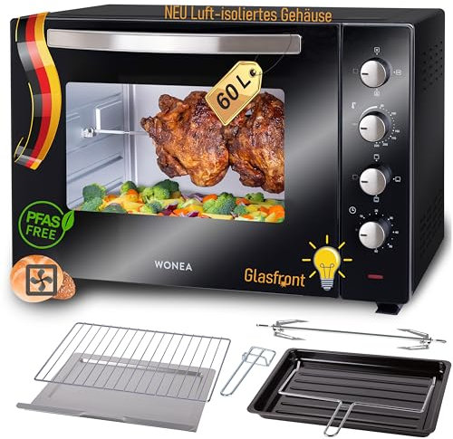 Minibackofen 60 Liter 2000 Watt Mini-backofen mit Umluft, Mini Backofen mit Luft-isoliertem Gehäuse, Krümelblech, XXL Minibackofen mit Drehspieß, Ofen mit Licht, Pizzaofen, Backofen für Camping