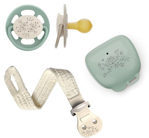 nip - Cherry Green Schnuller-Set | Limited Edition | 0-6 Monate | Nachhaltig: 2x Schnuller, 1x Schnullerband und 1x Schnullerbox aus natürlichen Rohstoffen | Geschenk zur Geburt | Salbei grün