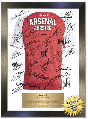Arsenal 2025/26 Signed Team Autograph Shirt Print in A3 Frame – Wall Art Poster for Living Room, Bedroom, Office – Reproduction Print for Arsenal Fans No169