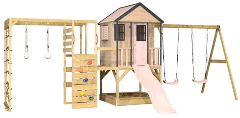 Wendi Toys M60PP-G Casa con tobogán, columpio doble y torre de escalada, de madera, casa de juegos para niños, jardín al aire libre, con pared de escalada, red de escalada y caja de arena, 342 x 563 x