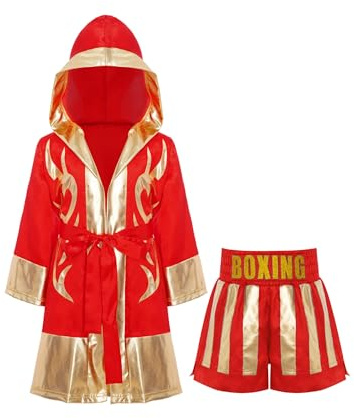 Miaeowve kickboxning kostym barn pojke långärmad satin huvkappa metallic bälte MMA shorts kampsport kostym rött guld A 146-152