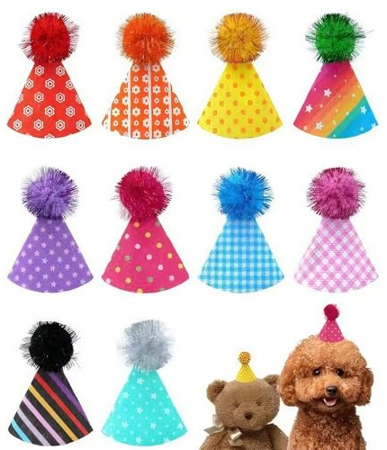 Copbopwn 10Pcs Mini Party Hats for Stuffed Animals Dolls & Pets Dog Cat Birthday Hat Party Hats for Teddys Adjustable Small Felt Party Hat for Kids Dogs Cats Reusable Party Decorations