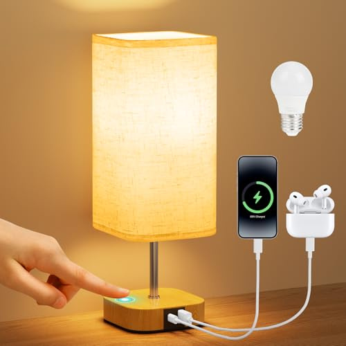 Suright Bedside Lamps, Touch Lamps Bedside with USB A+C Charging Ports, Stepless Dimmable Table Lamp, Small Bedside Lamp for Bedroom Living Room with Linen Fabric Shade(LED Bulb Included)