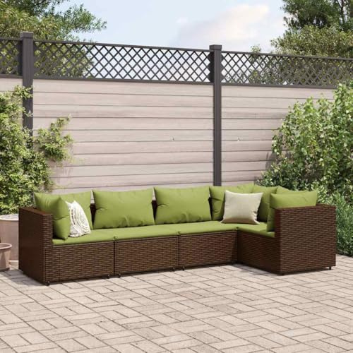 RMIHSJG Ensemble salon de jardin 5 pièces avec coussins marron en polyrotin - Ensemble de meubles de jardin robustes en rotin synthétique pour terrasse - Groupe de sièges d'extérieur modulaire avec