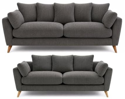 SofaSelection Harlow Jumbo Cord 3+2 Seater Sofa Set, Modern Tailored Design for the Complete Family Living Room, Plump Scatter Back Cushions, Solid Hardwood Frame with Wooden Legs, Grey