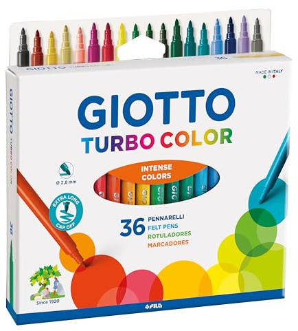 GIOTTO Turbocolor filtspetsfiberpennor, fin spets spets 2,8 mm, 36 blandade färger, perfekt för barn, fester och skolor