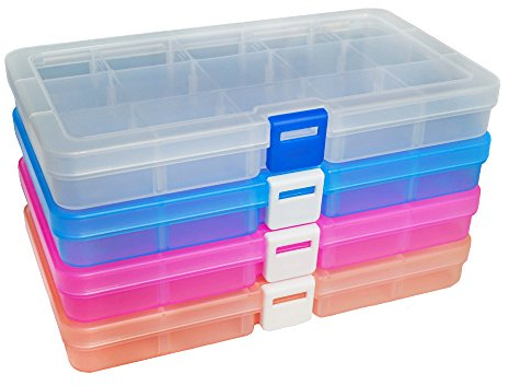 DUOFIRE Boîte De Rangement Plastique Bijoux Outils Ajustable à Usages Multiples Récipient (15 Compartiments x 4 Packs, 4 Couleurs)