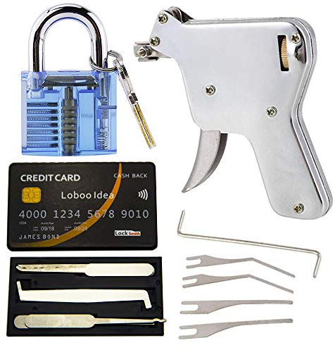 Loboo Idea Dietrich-Pistole mit Kreditkarten-Werkzeug-Set und blauem Vorhängeschloss, Schlosser-Werkzeug, Türschlossöffner (UP)