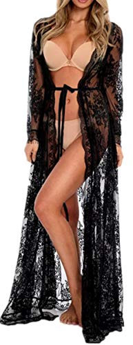 YouKD Women's Lace Cardigan See Through Dress Boho Long Kimono Beach Swimsuit Cover Up Dresses A Black