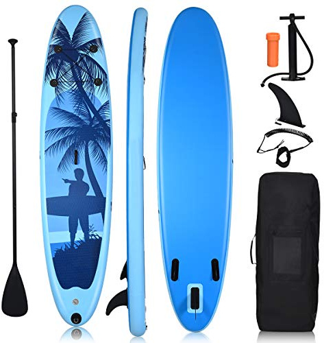 COSTWAY Aufblasbares SUP Board, Stand up Board, Stand up Paddling Board, Paddelboard, inkl. Rucksack, Pumpe, Sicherheitsleine, Reparaturset, Paddel und Center Finne (Wathet Blau,305 x 75 x 16 cm)
