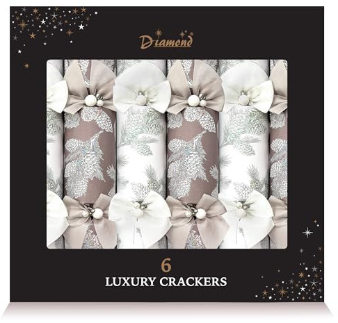Lux Christmas Crackers Pack 6 x 14.5in Silver & White Pinecone with Supreme contents + 8pcs of party photo booth props - By Diamond Brand
