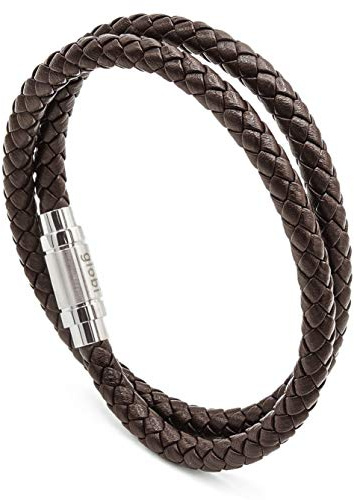globi Leather Bracelet For Men | Genuine Wrap Braided Leather Cuff Bangle Bracelet with Magnetic Stainless Steel Clasp For Men/Women (Brown 7.5”)