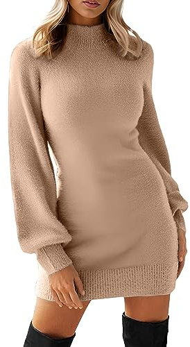 GRECERELLE Womens Jumper Dress Winter Mock Neck Long Sleeve Bodycon Knit Pullover Jumpers Ladies Mini Sweater Dresses
