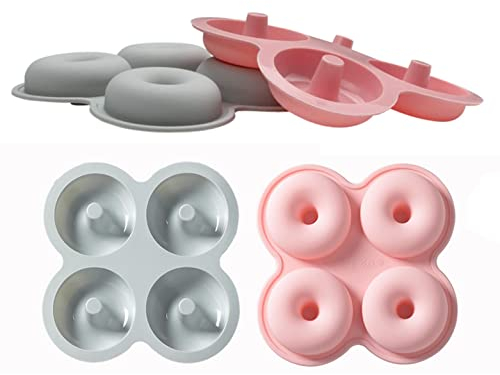 Xrten 2 Stück Donuts Backform, 4 Hohlraum Silikon Antihaft Donut Formen, Silikon Donutformen Donut Form aus Silikon für Donuts, Kuchen, Kekse, Keks, Bagels, Muffins (Rosa + Grau)