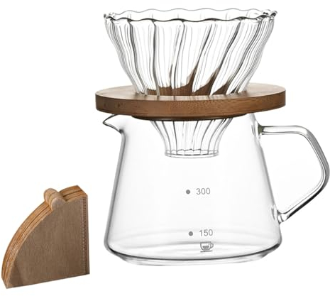 EBbels Set di caffettiera con filtro manuale in vetro borosilicato, con 100 filtri di carta, set per la casa o l'ufficio (300 ml)