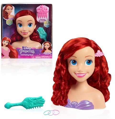 Just Play Disney Princess 20 cm Ariel Frisierkopf mit Zubehör, 7-teilig, rotes Haar, Kinderspielzeug ab 3 Jahren