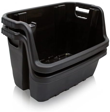 STAR SUPPLIES Set Of 2 Strong Black Plastic Open Fronted Stacking Crates Stackable Baskets For Home & Garage