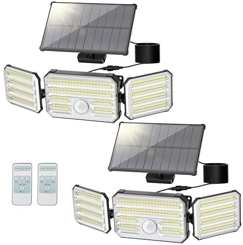 Solarlampen für Außen mit Bewegungsmelder, 160 LED Solarleuchten für Außen mit Alarmfunktion, 2000mAh 4 Modos IP67 Wasserdichte Solar Wandleuchte mit Fernbedienung für Garten, Garage - 2 Stück