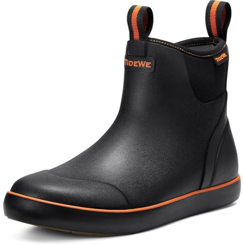 TIDEWE Deck Boots with Breathable Lining, Waterproof Fishing Deck Boots, Anti-slip Neoprene Rubber Ankle Boots for Boating, Black Orange, Size 11