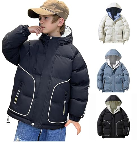 XINYUNZU Jungen Winterjacke Daunenjacke Wasserdicht Verdickte Puffer Jacke Boys Coat Warm Mode Kapuzenjacke Coole Winterjacken Kinder und Teenager Outdoor Jacken Schwarz 9 Jahre