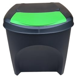 Stolmet 25L Stackable Recycling Bin (Brand KrysGo) - Customizable Lid Colours with Recycling Stickers - Durable Waste Sorting Solution for Home and Office (Black + Green)